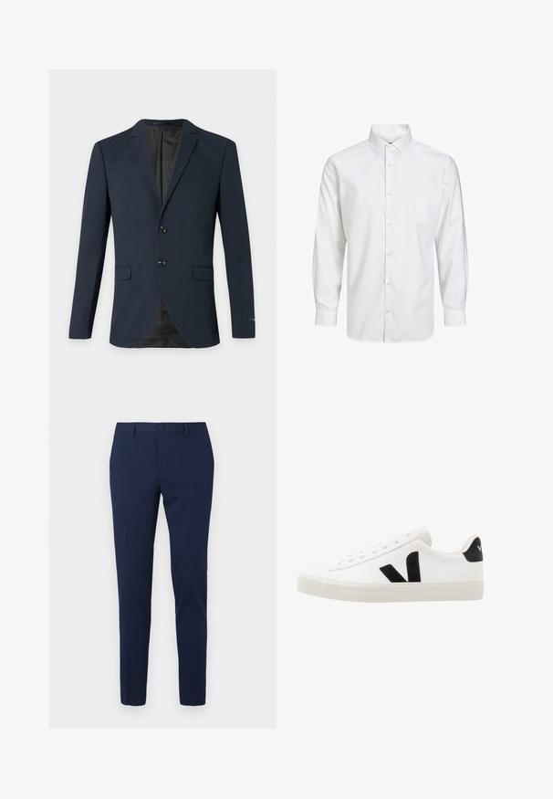 Blazer azul marino para hombre con dos botones, solapas con muesca, tres bolsillos con solapa y forro interior negro.; Camisa blanca de manga larga con botones, cuello puntiagudo y puños abotonados, mostrada sobre un fondo blanco liso.; Pantalones de vestir color azul marino con diseño de pierna recta, hechos de un tejido suave. Cuentan con cierre frontal de botón y dos bolsillos laterales.; Zapatilla de cuero blanca con acentos de ante negro; presenta una suela de goma, puntera redonda y un diseño clásico de cordones. Logo lateral en negro.