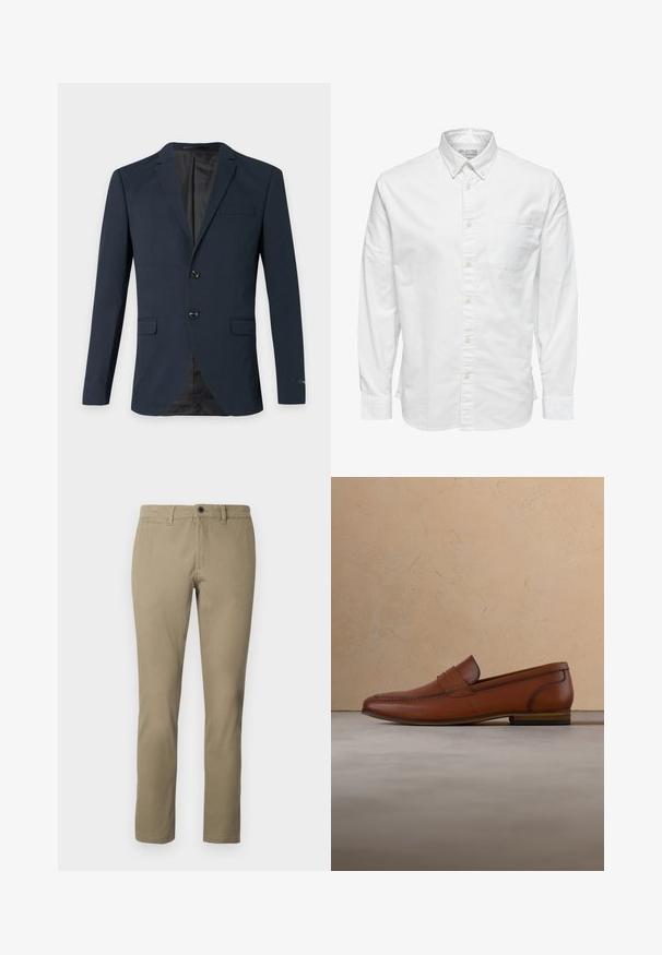 Blazer bleu marine pour homme avec deux boutons, revers crantés, trois poches à rabat et doublure intérieure noire.; Chemise blanche à manches longues avec boutons, col et poche poitrine, étiquetée « Selected Homme » à l'intérieur du col.; Chinos kaki en mélange de coton, avec une coupe droite, une taille standard avec fermeture à bouton et des poches latérales.; Mocassin en cuir marron flottant au-dessus d'un tapis beige avec un canapé marron clair flou en arrière-plan.