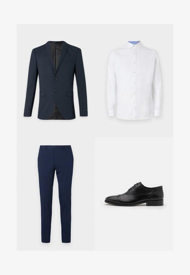 Blazer azul marino para hombre con dos botones, solapas con muesca, tres bolsillos con solapa y forro interior negro.; Camisa blanca de manga larga con botones al frente, con un patrón a cuadros azul claro en el interior del cuello y los puños. Textura de tela suave.; Pantalones de vestir color azul marino con diseño de pierna recta, hechos de un tejido suave. Cuentan con cierre frontal de botón y dos bolsillos laterales.; ALDO ABAWIENFLEX - Zapatos de vestir - other black