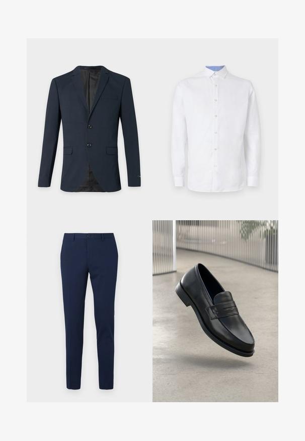 Blazer azul marino para hombre con dos botones, solapas con muesca, tres bolsillos con solapa y forro interior negro.; Camisa blanca de manga larga con botones al frente, con un patrón a cuadros azul claro en el interior del cuello y los puños. Textura de tela suave.; Pantalones de vestir color azul marino con diseño de pierna recta, hechos de un tejido suave. Cuentan con cierre frontal de botón y dos bolsillos laterales.; Mocasín de cuero negro con textura suave, punta puntiaguda y una correa decorativa a lo largo del empeine. Suela ligera, diseño minimalista.