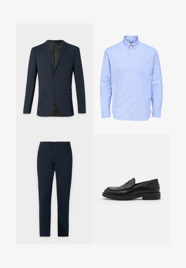 Marineblauer Herrenblazer mit zwei Knöpfen, Notch-Revers, drei Pattentaschen und schwarzer Innenfütterung.; Hellblaues langärmeliges Hemd mit Knöpfen, geknöpftem Kragen und einer einzelnen Brusttasche auf der linken Seite.; Herren Slim-Fit schwarze Hose mit vorderem Knopf- und Reißverschluss, Gürtelschlaufen und Seitentaschen.; Schwarze Lederloafer mit abgerundetem Zeh, farblich abgestimmtem Nähen und einem Riemendetail an der Vorderseite. Gummi-Sohle mit niedrigem Absatz.