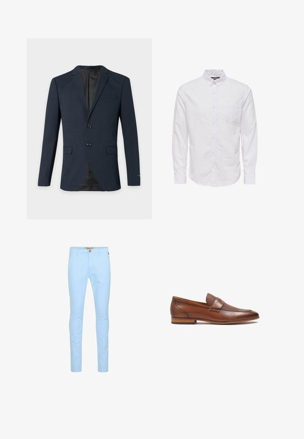 Nachtblauw herenblazer met twee knopen, gespleten revers, drie klepzakken en een zwarte binnenvoering.; Witte lange mouwen overhemden met knopen, gemaakt van katoen, met een kraag, knopen aan de voorkant en een enkele borstzak. Glad textuur.; Lichtblauwe katoenen chino's met een slim fit, voorzien van een sluiting met knopen aan de voorkant, riemlussen en een gladde textuur. Geen zichtbare patronen of accenten.; Bruine leren loafers met een gestructureerde band, ronde neus en lage gestapelde hak. Gladde afwerking met subtiele stiksels.