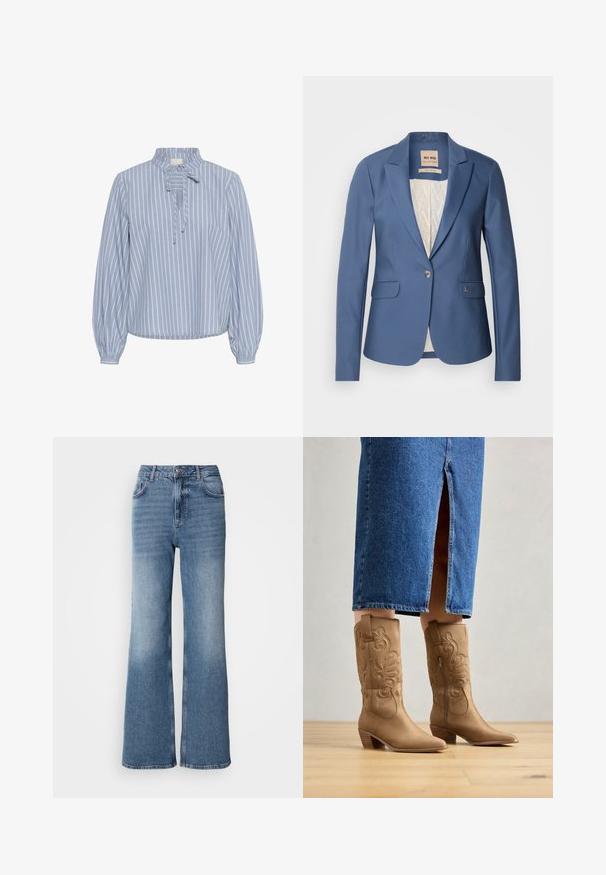 Blazer azul a medida con un único botón frontal, dos bolsillos frontales y un forro interior con un ligero patrón. Presenta sutiles acentos de marca.; Kaffe KAMILINA - Blusa - windward blue melange stripe; Mos Mosh MAI - Vaqueros rectos - blue wash; Botas western de color marrón con costuras decorativas, punta afilada y tacón apilado. Llevadas con una falda de mezclilla hasta la rodilla, que revela las botas.