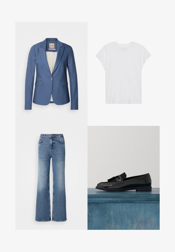 Blå skræddersyet blazer med en enkelt frontknap, to forlommer og et let mønstret indvendigt for. Har subtile mærkevareregistreringer.; Hvid kortærmet t-shirt med rund hals, afslappet pasform, lavet af blødt bomuldsstof. Glat tekstur, ingen mønstre eller logoer.; Mos Mosh MAI - Jeans Straight Leg - blue wash; Sorte patenterede lædersko med flad hæl, med et frynsedetalje og glat overflade, designet med en rund tå og subtil søm.