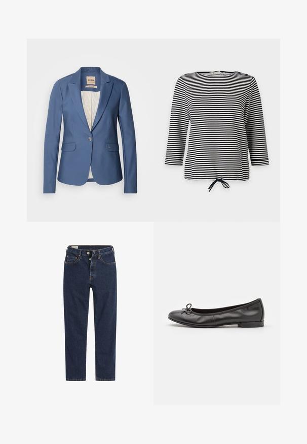 Blazer ajusté bleu avec un bouton frontal unique, deux poches avant et une doublure intérieure à motif léger. Présente des accents de marque subtils.; Haut rayé noir et blanc, avec des manches trois-quarts et un ourlet à cordon de serrage, fabriqué en tissu doux avec une coupe décontractée.; Jean en denim bleu foncé avec une coupe droite, dotés de coutures en cuivre et d'un design classique à cinq poches, fermeture à bouton et passants de ceinture.; Ballerines en cuir noir avec un bout rond, un petit nœud décoratif sur le devant et un petit talon rectangulaire. Texture lisse.