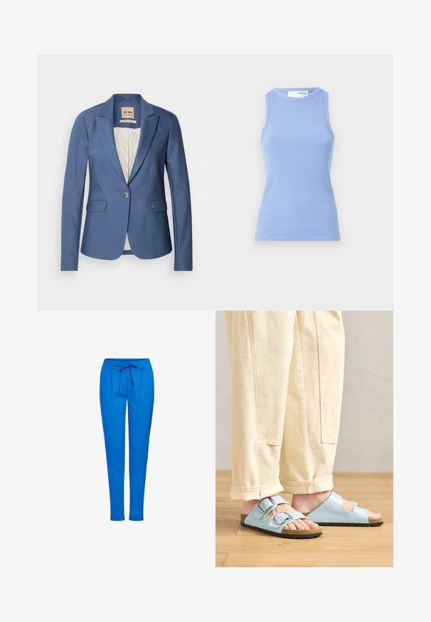 Blauwe op maat gemaakte blazer met een enkele knoop aan de voorkant, twee voorzakken en een lichtgepatroneerde binnenvoering. Bevat subtiele merkaccenten.; Lichtblauwe geribbelde tanktop met een ronde hals en zonder mouwen. Heeft een aansluitende silhoeet en een gladde textuur.; Blauwe joggers gemaakt van een zachte stof, met een elastische tailleband met een trekkoord, twee voorzakken en een taps toelopend ontwerp.; Lichtblauwe open-toe sandalen met dubbele gespen, kurken voetbed en zwarte rubberen zool, gedragen bij crèmekleurige wijde broek.
