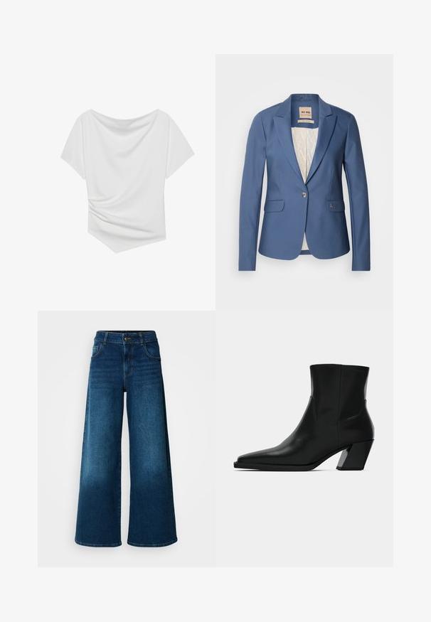 Blazer azul a medida con un único botón frontal, dos bolsillos frontales y un forro interior con un ligero patrón. Presenta sutiles acentos de marca.; Top blanco de manga corta con diseño de hombros al descubierto, que presenta una textura drapeada y un detalle fruncido en un lado. Tejido suave.; Jeans de pierna ancha hechos de denim azul oscuro. Presentan una cintura alta, cierre de botón y un diseño clásico de cinco bolsillos con un ligero desgaste.; Bota de tobillo de cuero negro con punta afilada, una silueta elegante y un tacón cuadrado grueso. Textura suave con detalles de costura mínimos.