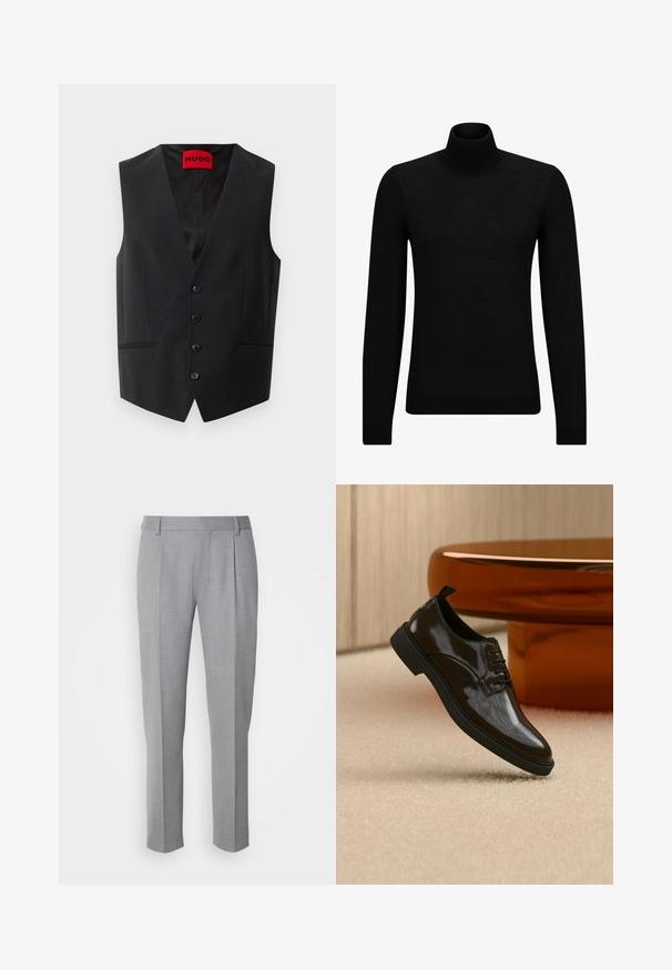 Sort vest i kjole med en glat tekstur, fem-knap lukning foran og to sidelommer. Har en dyb V-udskæring og en rød etiket indeni.; Sort turtleneck sweater lavet af blødt materiale, med lange ærmer og en tætsiddende pasform. Ribbet trim ved kanten og manchetter. Simpelt design.; Grå skræddersyede bukser med en glat tekstur, som har en flad front, lige ben og diskrete folder for ekstra detalje.; Sort skinnende læder snøresko flydende over et beige tæppe med et blankt brunt rundt bord i baggrunden.