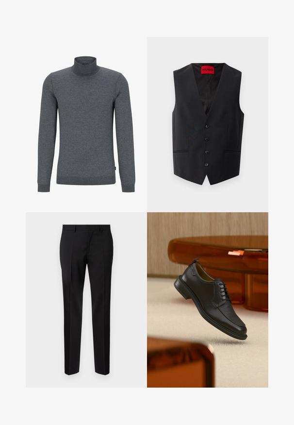 Must mustri vest, mille pehme tekstuuri, viie nupuga eesline ja kaks küljetaskut. Omab sügavat V-kaelust ja punast sildi sees.; Hall hallhalli sweater pehmest kudumisest. Omab pikki varrukasid, ribatud kraed ja regulaarset lõike, millel on sile tekstuur.; Mustad kohandatud püksid, mis on valmistatud siledast kangast, sirge säärega, rafineeritud voldiku detaljidega ning klassikalise vöökohtaga, millel on vööaasad.; Mustast nahast pitsidega kleitking tekstureeritud esiosaga, hõljumas beeži vaiba kohal moodsas toas, millel on merevaigutoonilised mööbliesemed.