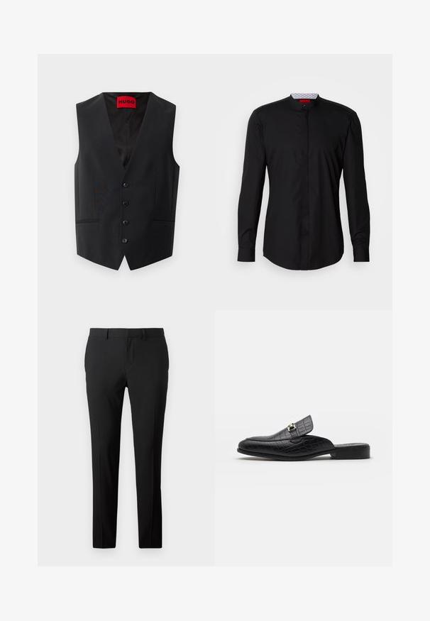 Gilet noir en tissu lisse, avec fermeture à cinq boutons sur le devant et deux poches latérales. Il dispose d'un décolleté en V profond et d'une étiquette rouge à l'intérieur.; Chemise noire à manches longues avec col mandarin, confectionnée dans un tissu lisse, dotée d'une patte de boutonnage à l'avant et de détails de design subtils.; Pantalons noirs ajustés en tissu lisse. Présente un design à jambe droite, des plis avant et des passants de ceinture pour un ajustement réglable.; Chaussures slip-on en cuir noir gaufré crocodile avec un talon plat et une boucle en métal décorative sur la sangle. Texture lisse et design élégant.
