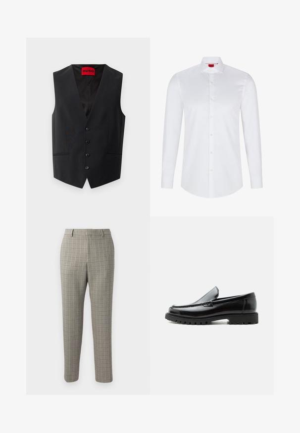 Must mustri vest, mille pehme tekstuuri, viie nupuga eesline ja kaks küljetaskut. Omab sügavat V-kaelust ja punast sildi sees.; Valge pika varrukaga nööbiga shirts, mis on valmistatud siledast puuvillast. Sellel on klassikaline krae, täisnööbiplokk ja ümar hem.; Heled pruunist kangast püksid, millel on tumepruun ja tumesinine ruuduline muster, sirge lõike ja tavalise vöökoht.; Mustast nahast loafers, millel on robustne kummist tald, õmmeldud pealne ja reljeefsete tähtedega brändinimi kannal, külgvaates valgel taustal.
