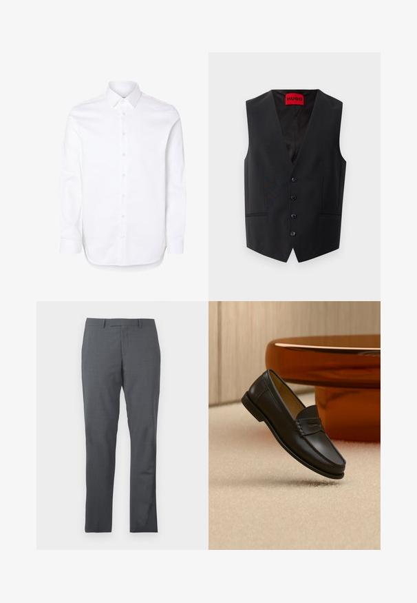 Chaleco negro con una textura suave, cierre frontal de cinco botones y dos bolsillos laterales. Presenta un escote en V profundo y una etiqueta roja en su interior.; Camisa blanca de manga larga con cuello clásico y puños abotonados.; Pantalones de vestir grises con una tela suave y texturizada. Diseño slim fit, con delantero liso y sin adornos ni bolsillos visibles.; Zapato mocasín de cuero negro suspendido sobre una alfombra beige con muebles modernos de color ámbar en el fondo.