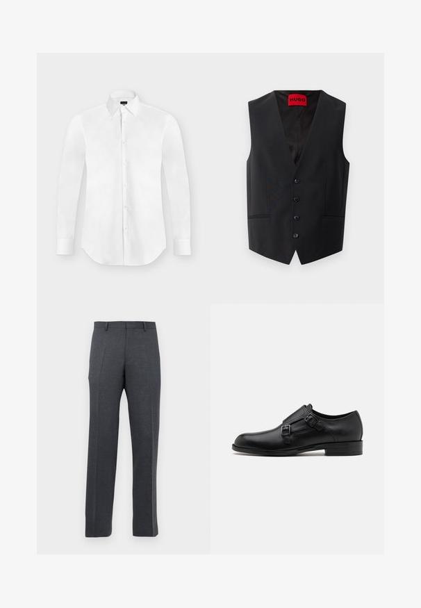 Chaleco negro con una textura suave, cierre frontal de cinco botones y dos bolsillos laterales. Presenta un escote en V profundo y una etiqueta roja en su interior.; Camisa blanca de vestir de manga larga con botones y cuello puntiagudo, colocada perfectamente plana sobre un fondo gris claro.; Pantalones de vestir ajustados en gris oscuro para hombre, con trabillas y pliegues frontales, mostrados sobre un fondo blanco.; Zapato de vestir de cuero negro con doble hebilla, silueta elegante y punta redonda. Cuenta con un tacón bajo y una textura suave.
