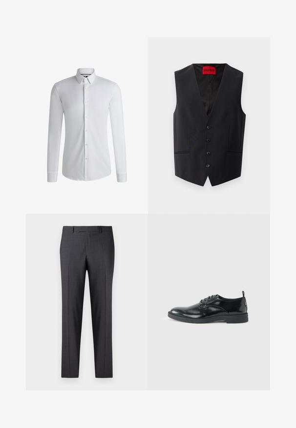 Gilet noir en tissu lisse, avec fermeture à cinq boutons sur le devant et deux poches latérales. Il dispose d'un décolleté en V profond et d'une étiquette rouge à l'intérieur.; Chemise blanche à manches longues en tissu lisse, dotée d'un col boutonné et d'une rangée de boutons sur le devant. Design uni.; Pantalons gris foncé ajustés en tissu lisse et texturé ; dotés d'un devant plat et de jambes droites ; design minimaliste sans accents visibles.; Chaussure habillée en cuir noir brillant avec un petit talon, fermeture à lacets et bout rond, vue de côté sur un fond uni et clair.