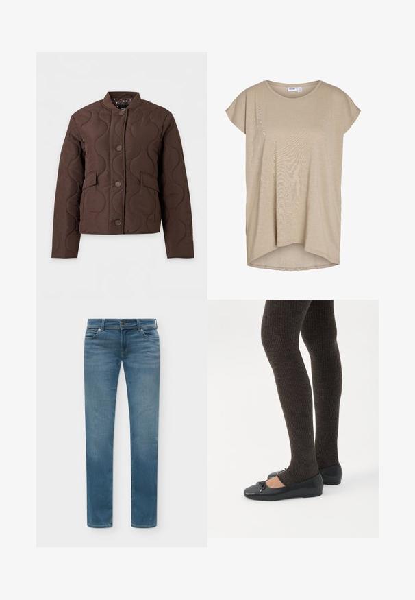 Veste matelassée marron avec couture ondulée, boutonnière sur le devant, poches à rabat et col côtelé, présentée sur fond blanc.; Haut en maille beige à manches courtes, coupe ample, avec un col rond et un ourlet arrière légèrement plus long.; Jean denim bleu droit avec poches avant, passants pour ceinture et fermeture par bouton, présenté sur un fond clair.; Jambes portant des leggings côtelés foncés associés à des ballerines noires avec de petits détails en nœud sur fond blanc.