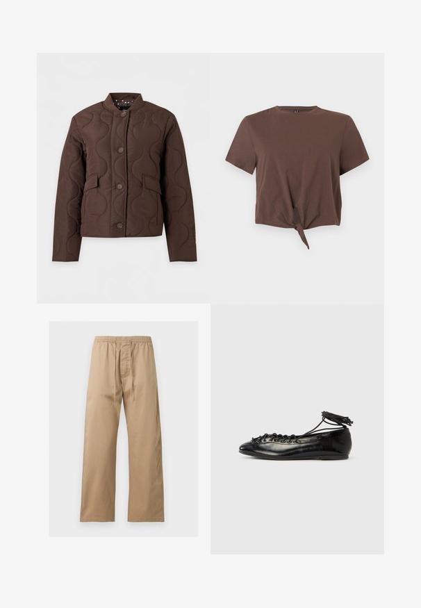 Veste matelassée marron avec couture ondulée, boutonnière sur le devant, poches à rabat et col côtelé, présentée sur fond blanc.; Crop top marron à manches courtes, noué à l'avant, avec un col rond et un design simple sans coutures sur un fond uni.; Pantalon marron clair à coupe ample avec taille élastique et cordon à l’avant, en tissu léger, présenté sur un fond uni.; Ballerines en cuir verni noir avec un bout rond, un design à lacets et une semelle plate. Texture lisse avec peu de détails.