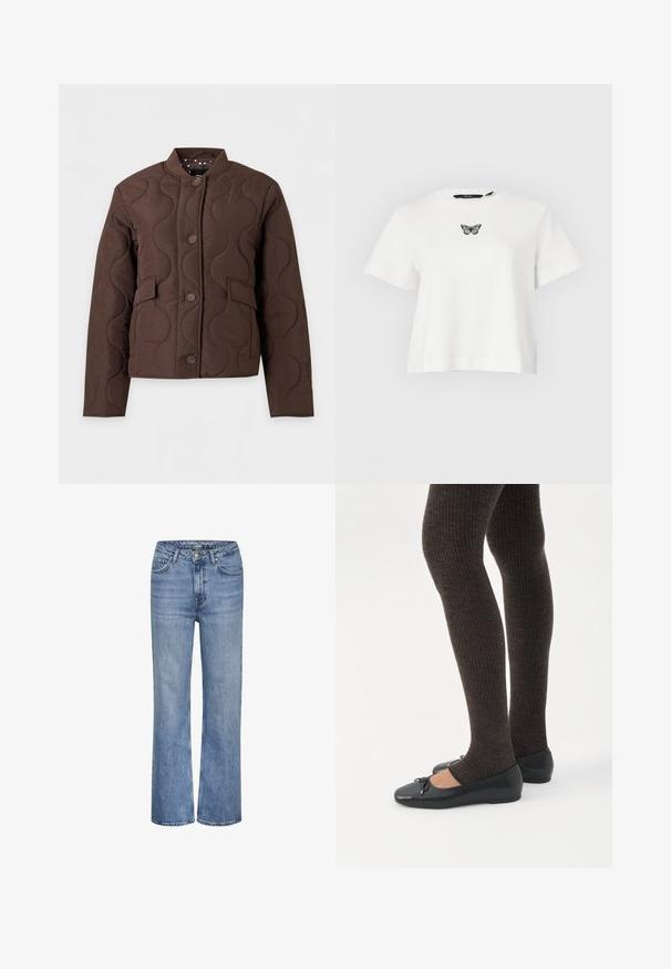 Brun quiltet jakke med bølgede syninger, knaplukning foran, klaplommer og ribstrikket krave vist mod hvid baggrund.; Hvid kortærmet cropped t-shirt med en lille sort og grå sommerfugl broderet midt på brystet.; Blå højtaljede straight-leg denim jeans med frontknap, lynlås og fem lommer.; Ben iført mørke ribbede leggings kombineret med sorte balletsko med små sløjfedetaljer på hvid baggrund.