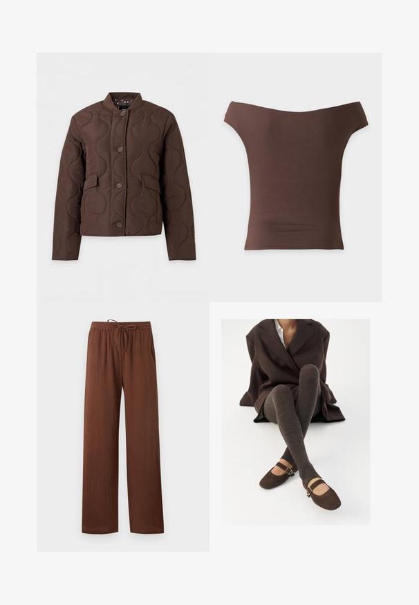 Veste matelassée marron avec couture ondulée, boutonnière sur le devant, poches à rabat et col côtelé, présentée sur fond blanc.; Haut marron ajusté à épaules dénudées avec manches courtes et encolure droite sur fond blanc.; Pantalon marron texturé coupe ample avec une taille élastique et un cordon ajustable, jambes droites et poches latérales.; Des chaussettes marron côtelées jusqu'aux genoux associées à des ballerines en daim marron de type Mary Jane avec une sangle décorative et une boucle, portées avec un manteau sombre.