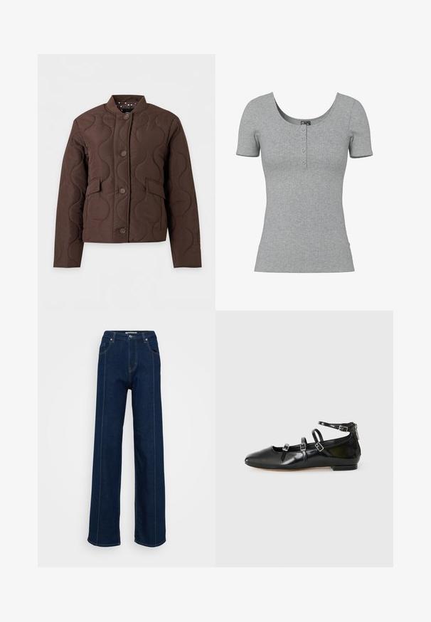 Bruine doorgestikte jas met golfstiksels, knoopsluiting aan de voorkant, klepzakken en een geribde kraag, afgebeeld tegen een witte achtergrond.; Grijs geribd kort mouw shirt met een ronde halslijn en vier kleine knopen middenvoor.; Donkerblauwe hoge taille, wijde spijkerbroek met voorzakken, riemlussen en contrasterende stiksels op een effen lichte achtergrond.; ALDO NELTA - Ballerina's - black