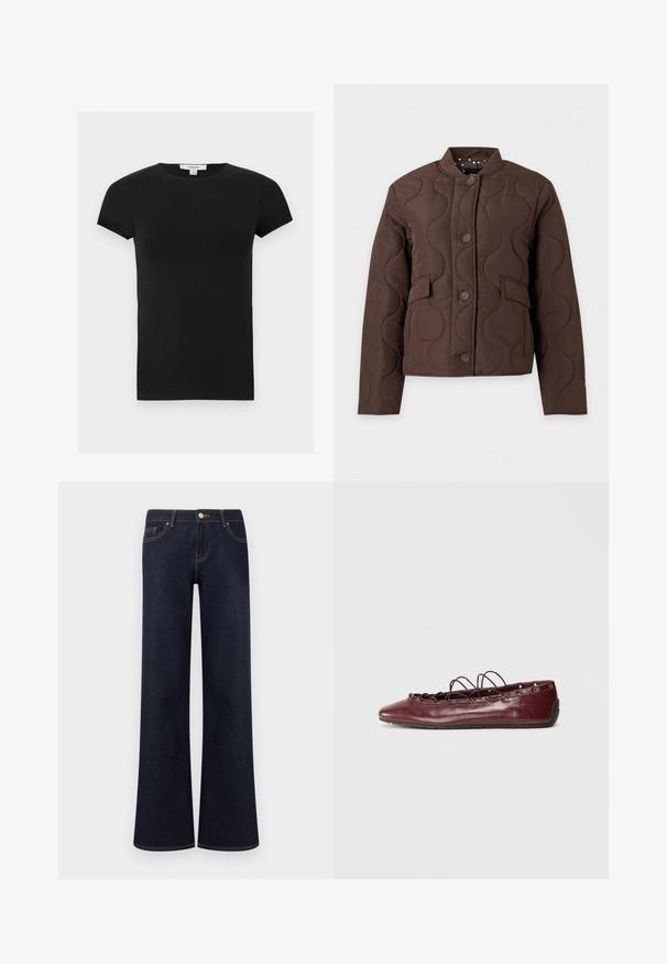 Veste matelassée marron avec couture ondulée, boutonnière sur le devant, poches à rabat et col côtelé, présentée sur fond blanc.; T-shirt noir cintré à manches courtes avec col rond et petite étiquette blanche Topshop au niveau de l'encolure.; Jean en denim bleu foncé à jambes larges avec poches avant, fermeture par bouton et fermeture éclair, et coutures contrastantes visibles.; Femme ballerine en cuir bordeaux avec un bout pointu, des détails en dentelle sur le devant et des œillets en argent. Semelle souple pour plus de flexibilité et de confort.
