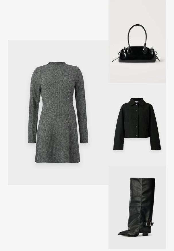 Schwarze, kurz geschnittene Jacke aus Wollmischgewebe mit Kragen, vorderen Druckknöpfen und seitlichen Taschen. Glatte Textur mit minimalen Details.; Geripptes, knielanges Kleid in Dunkelgrau mit langen Ärmeln und hohem Kragen, hergestellt aus weichem, strukturiertem Stoff.; Schwarze Lederstiefeletten in Knöchellänge mit spitzem Zehenbereich, glatter Oberfläche und silberner Schnallenakzent an der Seite. Massiver, quadratischer Absatz.; Kleine schwarze glänzende Handtasche mit zwei langen Griffen und seitlichen Kordelzug-Details vor einfachem hellem Hintergrund.