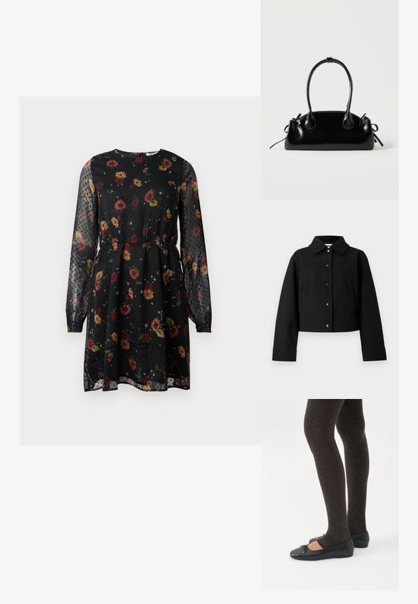 Chaqueta corta negra confeccionada en mezcla de lana, con cuello con solapas, botones de presión delanteros y bolsillos laterales. Textura suave con detalles mínimos.; Vestido negro de flores hecho de tela transparente. Presenta mangas largas abullonadas, un escote redondo, una cintura elástica y un patrón de puntos con diversas flores.; Piernas con leggings oscuros acanalados combinados con bailarinas negras que presentan pequeños detalles de lazo sobre un fondo blanco.; Pequeño bolso negro brillante con dos asas largas y detalles de cordón lateral sobre un fondo claro liso.