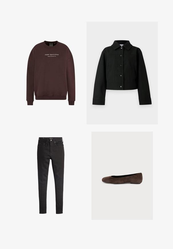 Schwarze, kurz geschnittene Jacke aus Wollmischgewebe mit Kragen, vorderen Druckknöpfen und seitlichen Taschen. Glatte Textur mit minimalen Details.; Brauner Sweatshirt mit Rundhalsausschnitt, langen Ärmeln und gerippten Bündchen. Der Schriftzug auf der Vorderseite lautet "Aim'n Sportswear Sweden New Zealand 2013."; Schwarze Skinny-Jeans aus Denim mit einem Fünf-Taschen-Design, Metallknopfverschluss und dezenten Nähten an den Taschen und Nähten.; Brauner Wildleder-Ballerinaschuh mit abgerundeter Spitze und niedrigem Absatz auf weißem, einfarbigem Hintergrund.