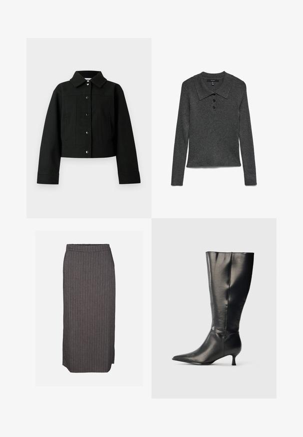 Schwarze, kurz geschnittene Jacke aus Wollmischgewebe mit Kragen, vorderen Druckknöpfen und seitlichen Taschen. Glatte Textur mit minimalen Details.; Dunkelgraues, geripptes Polohemd mit langen Ärmeln und Kragen, das drei schwarze Knöpfe am Ausschnitt und einen leicht abgeschnittenen Saum aufweist.; Dunkelgrauer Bleistiftrock mit dünnen weißen vertikalen Nadelstreifen und kleinem seitlichem Schlitz auf einfarbigem Hintergrund.; Schwarzer kniehoher Lederstiefel mit spitzer Zehenpartie und niedrigem Kittenabsatz, präsentiert vor einem schlichten hellen Hintergrund.