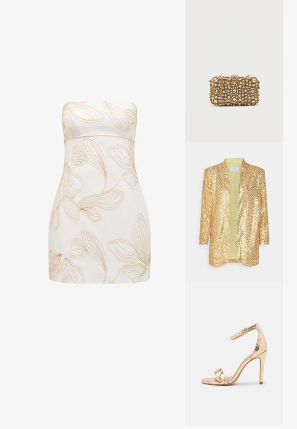 Guld palietjakke med åben front, sjalskrave og 3/4-ærmer. Indvendig foer i lys grøn, glat tekstur og blank overflade.; Strapless kjole i creme med præget blomsterdesign i lys beige. Tætsiddende design, glat tekstur, knælængde klip, og ingen synlige lukninger.; Anna Field Højhælede sandaletter / Højhælede sandaler - gold; Guldsynk med intrikate perle- og rhinestenforgyldelser. Firkantet form, lås med lukning og en aftagelig kædetræk.