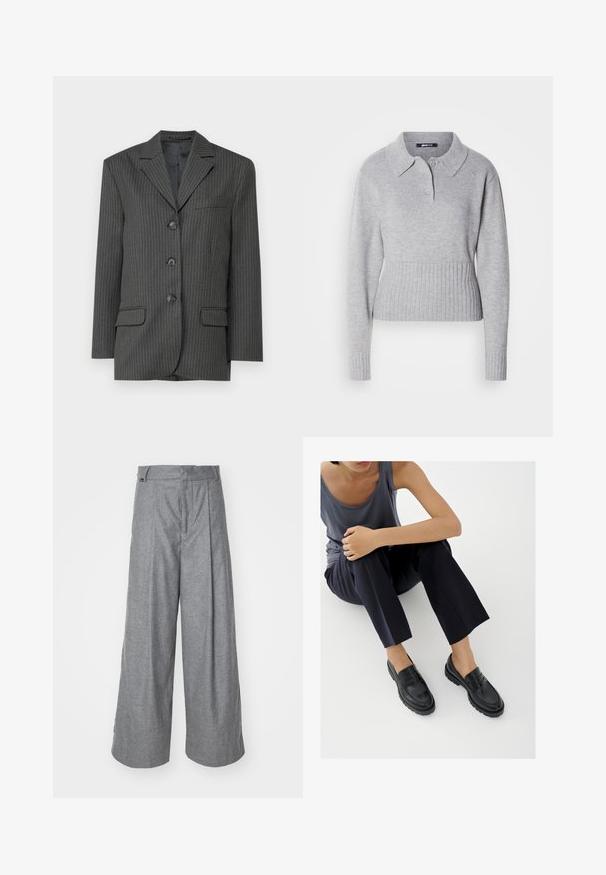 Tumedat hallid pinstriped bleiser, millel on nurgelised kraed, kolm esimest nuppu, kaks esist taskut ja üks rindetasku. Sile kangastekstuuri.; Hallitusest kootud hall särk, millel on pärgadega krae, kolm nuppu ja soonikäär. Omab pikaid varrukat ja pehmet tekstuuri.; Hallid laiad hallid püksid, mis on valmistatud pehmest kangast, kõrge vöökoht, eesmine volditus ja peen logo silt vöökoha peal.; Mustad nahast loafersid tekstureeritud detailidega, madala kontsaga, ümmarguse varbaosaga ja nähtava õmblustega. Modell kannab tumedaid pükse ja halli t-särki.
