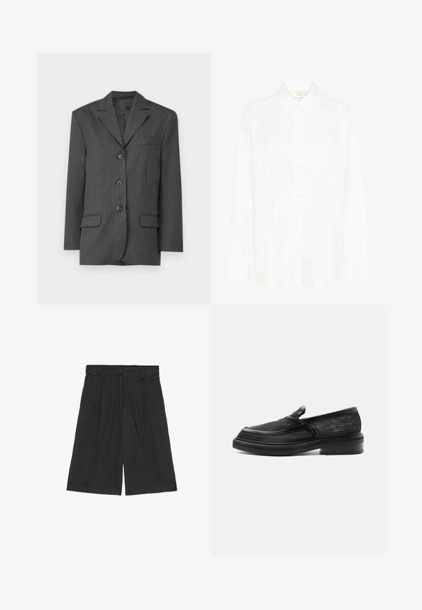 Donkergrijze pinstripe blazer met geknipte revers, drie frontknopen, twee voorzakken en een enkel borstzakje. Glad stoftextuur.; Witte blouse met lange mouwen, knoopsluiting voor, een klassieke kraag en een reguliere pasvorm. Gemaakt van gladde stof, met acht knopen aan de voorkant.; Zwarte linnen shorts met een ontspannen pasvorm, voorzien van een vlakke voorkant, twee zijzakken en een knoopsluiting in de taille.; Zwarte slip-on loafer met gestructureerd leren bovenwerk en dikke zool, in profiel weergegeven op een witte achtergrond.