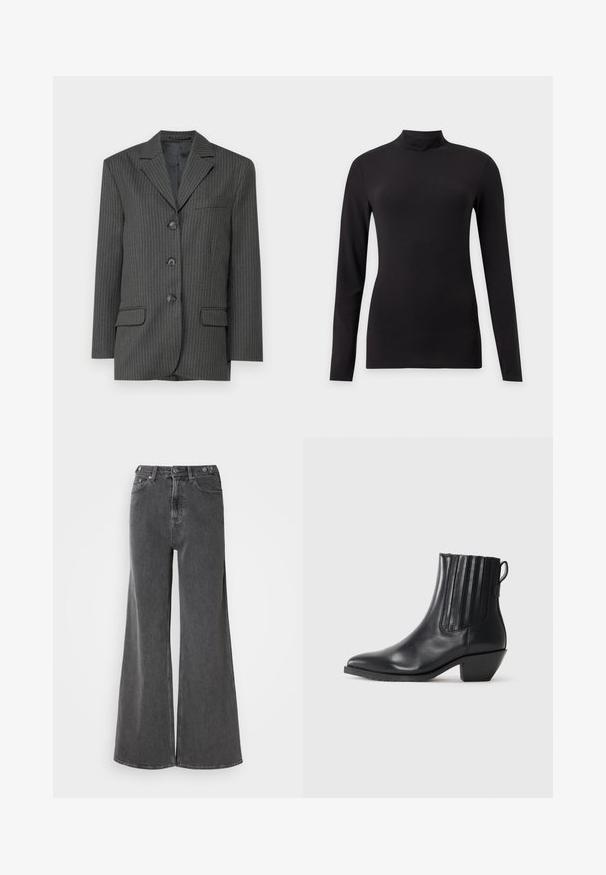 Blazer à rayures fines gris foncé avec revers crantés, trois boutons à l'avant, deux poches avant et une poche poitrine. Texture de tissu lisse.; Haut noir ajusté à manches longues avec col montant, présenté sur un fond gris clair uni.; Jean large en denim noir délavé, avec une taille haute, deux poches avant et des fermetures à bouton en métal. Texture lisse, détails minimes.; Bottine noire en cuir avec panneaux latéraux élastiques, bout pointu et talon bloc. Texture lisse et design épuré mettent en valeur son style moderne.