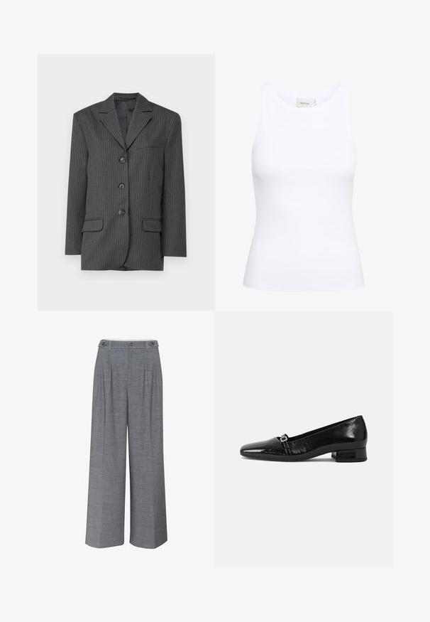 Blazer de rayas gris oscuro con solapas en pico, tres botones frontales, dos bolsillos frontales y un bolsillo en el pecho. Textura de tela suave.; Top sin mangas de canalé blanco con escote redondo. Tejido elástico y diseño ajustado. La etiqueta en la parte posterior dice "GESTUZ."; Pantalones de pierna ancha gris, confeccionados en un tejido texturizado, con un cierre de doble botón y pliegues frontales que añaden un detalle de diseño adicional.; Bailarinas de charol negro con punta afilada, tacón cuadrado bajo y un pequeño detalle de hebilla metálica en la correa. Textura suave.