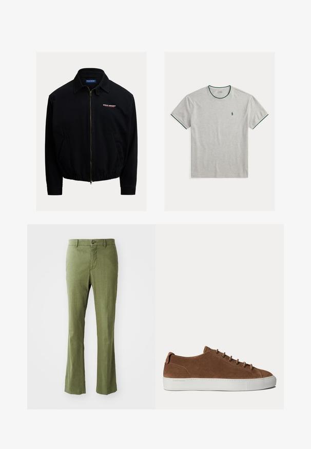 Schwarze Reißverschlussjacke aus leichtem Stoff; verfügt über einen Kragen, einen elastischen Saum, Seitentaschen und ein rotes und weißes "Polo Sport"-Logo-Detail.; Hellgraues kurzärmliges T-Shirt mit dunkelgrünem Besatz am Kragen und an den Ärmeln, mit einem kleinen grünen, bestickten Polo-Spieler-Logo auf der Brust.; Olivgrüne Leinenhose mit geradem Bein, ausgestattet mit einem Frontknopfverschluss und feiner Textur. Keine Muster oder Akzente.; Brauner Wildleder-Sneaker mit weißer Gummisohle und passenden braunen Schnürsenkeln, von der Seite auf weißem Hintergrund gezeigt.