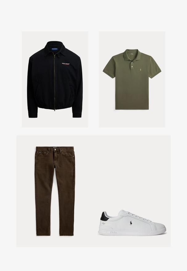 Čierna bunda na zips z ľahkej tkaniny; má golier, elastický lem, bočné vrecká a červenobiely detail loga "Polo Sport".; Olivovo zelené polo tričko s krátkym rukávom, dvoma gombíkmi a malým vyšívaným logom na ľavej strane hrudníka.; Úzke tmavohnedé džínsy s piatimi vreckami, zapínaním na gombík a zips a s viditeľnými štítkami značky Polo na páse a prednom vrecku.; Biela nízka teniska s čiernou pätovou pätkou, šnúrkami a logom Polo Ralph Lauren na boku, so zvýraznenými detailmi na podrážke.