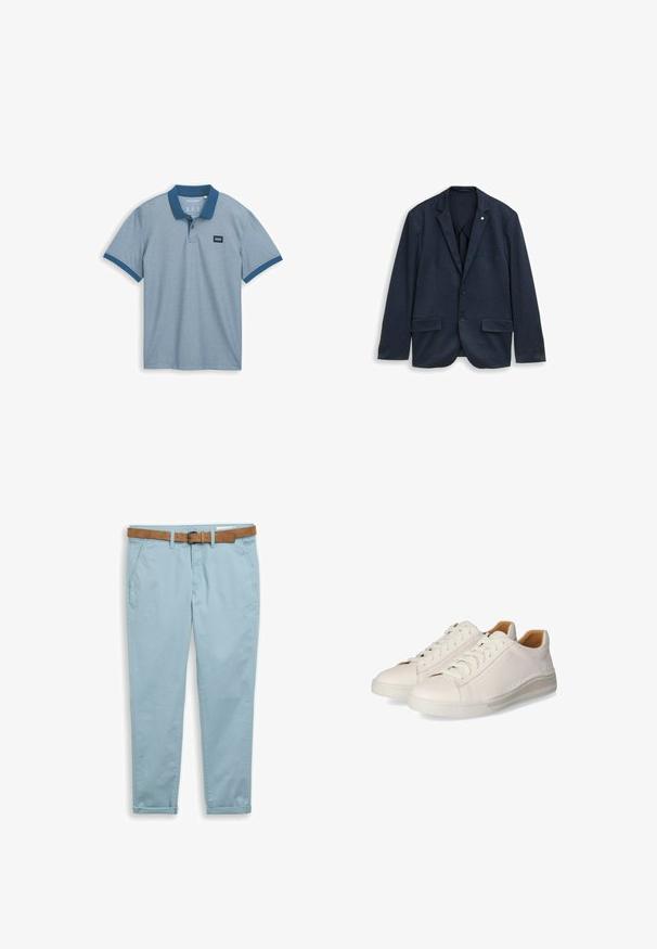 Donkerblauwe herenblazer met twee knopen, met ingesneden revers, klepzakken aan de voorkant en knoopmanchetten, afgebeeld op een witte achtergrond.; Lichtblauwe polo shirt met een effen marineblauwe kraag, korte mouwen en een klein stoffen label op de borst, gemaakt van gestructureerd katoenmateriaal.; Lichtblauwe slim-fit broek met omgeslagen zoom en zijzakken, gecombineerd met een tan leren riem met een zilveren gesp.; Witte leren sneakers met een gladde textuur, met een lage ontwerp, ronde neus en traditionele vetersluiting.