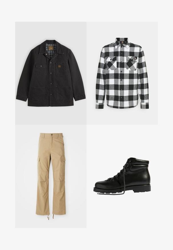 Schwarze Jacke mit Knopfleiste und vier Fronttaschen, eine Tasche hat ein kleines gelbes Logo-Patch, und ein kariertes Innenfutter, das am Kragen sichtbar ist.; Schwarz-weißes Flanellhemd mit Karomuster, ausgestattet mit zwei Brusttaschen, Knopfleiste und Kragen. Weicher, strukturierten Stoff.; Khakifarbene Cargo-Hosen aus strapazierfähigem Material, mit mehreren Seitentaschen, geradem Bein-Design und verstellbaren Kordeln am Saum.; Schwarze Lederwanderschuhe mit einem gepolsterten Kragen, grauen Schnürsenkeln, Metallschlingen und einer robusten Gummisohle mit tiefen Profilen für besseren Halt.