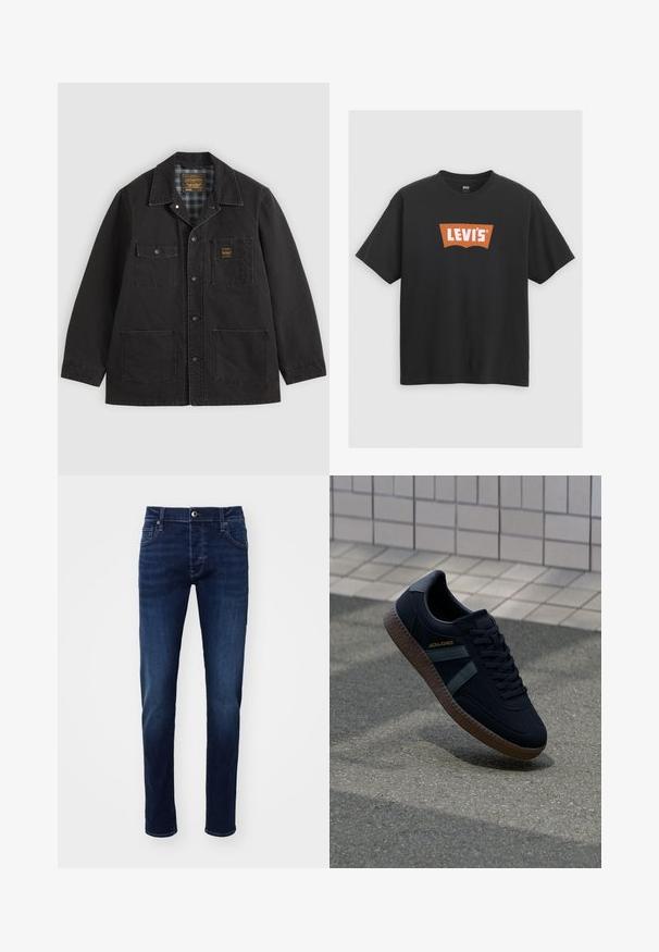 Schwarze Jacke mit Knopfleiste und vier Fronttaschen, eine Tasche hat ein kleines gelbes Logo-Patch, und ein kariertes Innenfutter, das am Kragen sichtbar ist.; Schwarzes Baumwoll-T-Shirt mit einem großen orangen Levi's-Logo auf der Vorderseite, kurzen Ärmeln und einem Rundhalsausschnitt.; Dunkelblaue Slim-Fit Denim-Jeans mit Knopf vorne, Taschen, Gürtelschlaufen und dezenten Ausbleichungen an den Beinen.; Schwarze Sneaker mit strukturierter Oberfläche, dunkelgrünen Streifen und brauner Gummisohle. Mit Schnürung und Branding an der Seite.