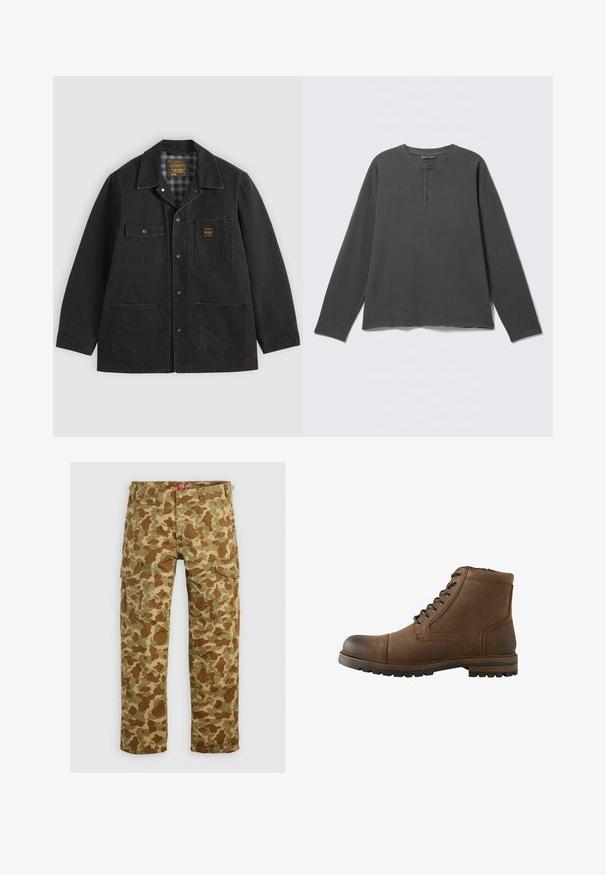 Schwarze Jacke mit Knopfleiste und vier Fronttaschen, eine Tasche hat ein kleines gelbes Logo-Patch, und ein kariertes Innenfutter, das am Kragen sichtbar ist.; Dunkelgraues Langarm-Henley-Shirt mit rundem Ausschnitt und drei Knöpfen an der vorderen Blende.; Tarnfarbe Cargo-Hose in verschiedenen Grüntönen und Brauntönen, mit mehreren Taschen und einer lockeren Passform, aus strapazierfähigem Material.; Brauner Leder-Stiefel mit Schnürung vorne und robuster Sohle, geeignet für Freizeit- oder Outdoor-Einsätze.