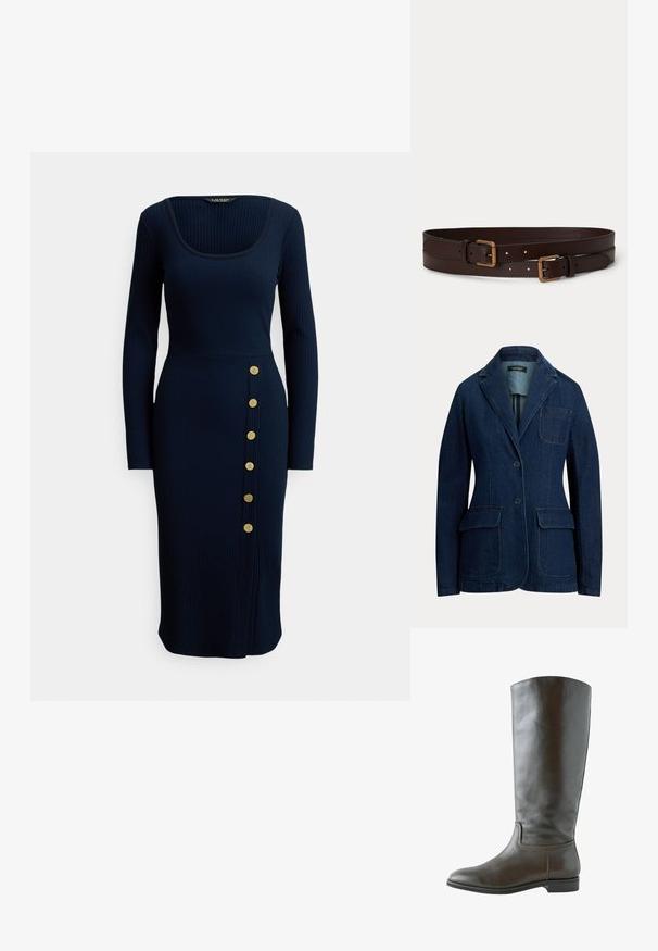 Denim blazer i mørkeblå, med notch-revers, lukning med to knapper og to forlommer. Tekstureret stof med minimal syning detalje.; Marineblå ribstrikket midi kjole med firkantet udskæring og lange ærmer, med en sideknapdetalje med seks guldknapper.; Brun læder knæhøj støvle med en glat overflade, rund tå og minimal syning. Sålen er flad med en lav hæl.; To mørkebrune læderbælter med guldfarvede rektangulære spænder, lagt side om side på en ensartet lys baggrund.