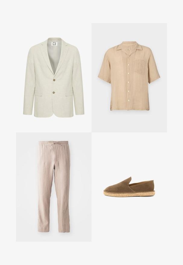 Vaalean beige-linnoitus blazer, jossa on lovettu kaulus, kaksinappinen kiinnitys ja etutaskut. Sisältää hienovaraisen tekstuurin ja yksinkertaisen sisävuoren.; Valkoinen pellavapaita lyhyillä hihoilla, jossa on lovikaulus, rintatasku ja valkoiset napit. Rakenne kangas, rento leikkaus ja suora helma.; Beige pellavahousut, joissa on elastinen vyötärö ja nauha. Suora lahkeen muotoilu, pehmeä tekstuuri ja minimalistinen tyyli.; Ruskea mokkainen espadrillos, jossa on punottu juuttipohja ja matalat sivut, suunniteltu rentoon käyttöön.