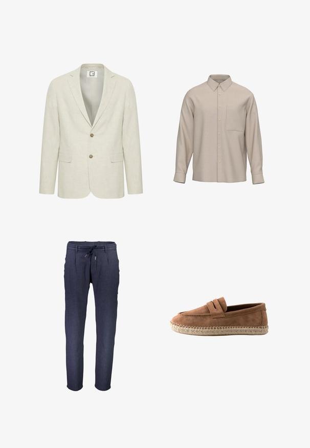 Blazer de lino beige claro con solapa muesca, cierre de dos botones y bolsillos frontales. Presenta una textura sutil y un interior liso.; Camisa beige de manga larga con botones, cuello puntiagudo y un bolsillo en el pecho, mostrada sobre fondo blanco.; Pantalones tapered de color azul marino, hechos de una tela texturizada, con una cinturilla elástica y cordón ajustable, además de bolsillos laterales.; Mocasín de ante marrón con suela de cuerda trenzada y una tira en la parte superior, mostrado de lado sobre un fondo blanco.