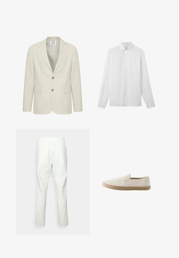 Lys beige linned blazer med slået revers, to-knaps lukning og frontlommer. Har en diskret tekstur og en ensfarvet inderside.; Hvid skjorte med lange ærmer, knapper foran, spids krave, synlige syninger og knapper ned foran midt på.; Hvide bomuldsbukser med elastisk talje, lige snit, to baglommer og en glat, mat tekstur.; Beige slip-on sko med vævet juttesål og ensfarvet stofoverdel, set fra siden mod hvid baggrund.