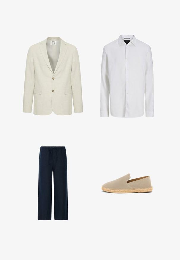 Blazer en lin beige clair avec un revers cranté, fermeture à deux boutons et poches avant. Présente une texture subtile et un intérieur uni.; Chemise blanche à manches longues boutonnée avec col classique, présentée sur un fond uni, vue de face.; Pantalon à jambes larges bleu marine avec taille élastique et cordon de serrage, en tissu léger pour un usage décontracté.; Espadrille beige en daim à enfiler avec semelle enveloppée de jute et petit talon, vue latérale sur fond blanc.