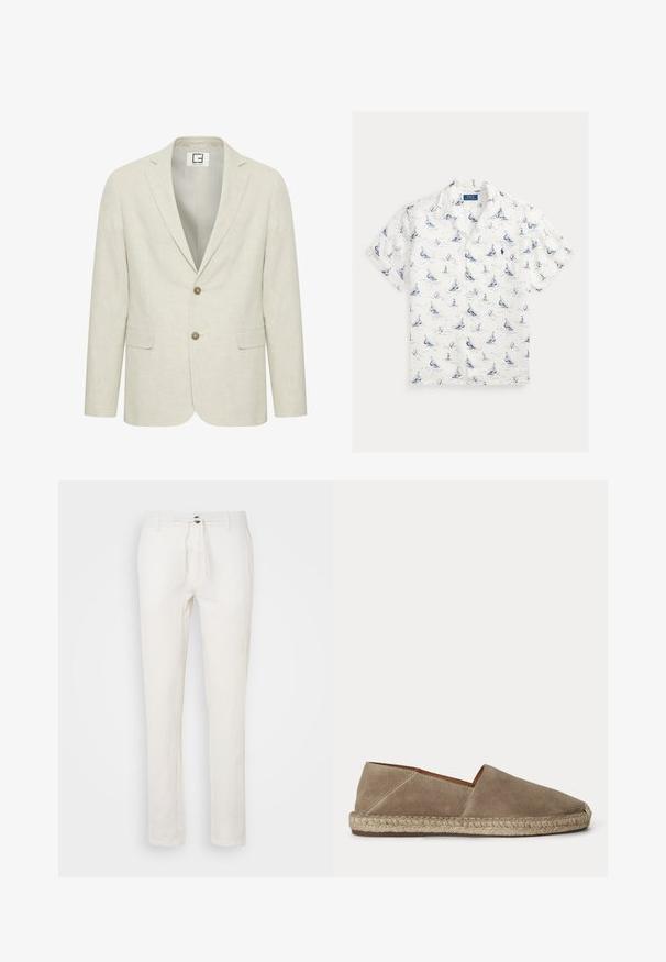 Licht beige linnen blazer met een notch revers, twee knopen sluiting en voorzakken. Heeft een subtiele textuur en een effen interieur.; Wit kortärmelig overhemd met knopen en blauw patroon van zeilboot, vuurtoren en anker, met een borstzak en Polo Ralph Lauren-logo.; Witte linnen broeken met een koordsluiting in de taille, recht gesneden ontwerp en subtiele textuur. Geen zichtbare zakken of patronen.; Beige suède espadrille met gevlochten jutezool en gesloten afgeronde neus, zijaanzicht op een effen achtergrond.