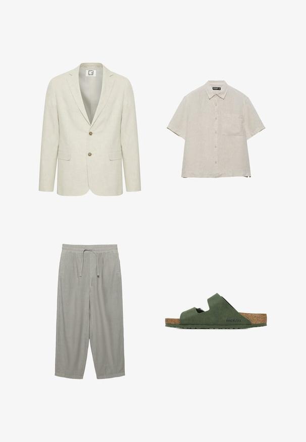 Lys beige linned blazer med slået revers, to-knaps lukning og frontlommer. Har en diskret tekstur og en ensfarvet inderside.; Beige kortærmet linnedskjorte med knapper foran, en brystlomme og en klassisk krave, lagt fladt på en hvid baggrund.; Lysegrå løstsiddende bukser med elastisk talje, snøre og sidelommer, vist på hvid baggrund.; Grønne Birkenstock-sandaler med to udskårne stropper, en korksål og en tekstureret ydre finish. Sålen er flad med et skridsikkert design.