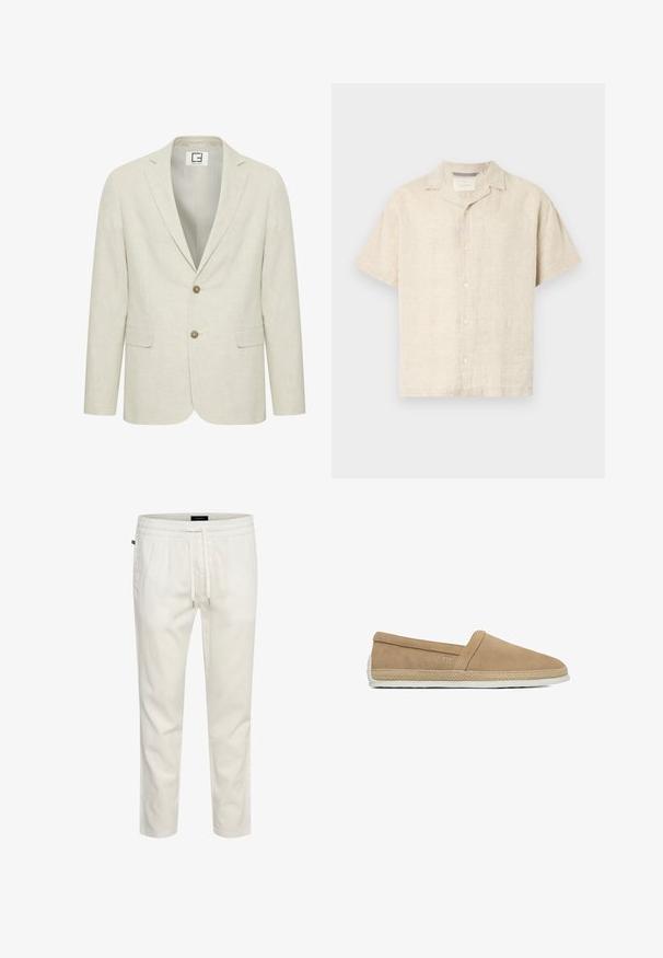 Lys beige linned blazer med slået revers, to-knaps lukning og frontlommer. Har en diskret tekstur og en ensfarvet inderside.; Lys beige kortærmet skjorte med knapper lavet af hør, med en camp krave, rene linjer og subtil tekstur, med fem forreste knapper.; Hvide, letvægts bomulds-joggers med elastisk talje, snor i taljen og en afslappet pasform. Glat tekstur uden mønstre eller accenter.; Beige slip-on afslappet sko med ruskindsoverdel, flettet jutebiste rundt om sålen og hvid gummisål.