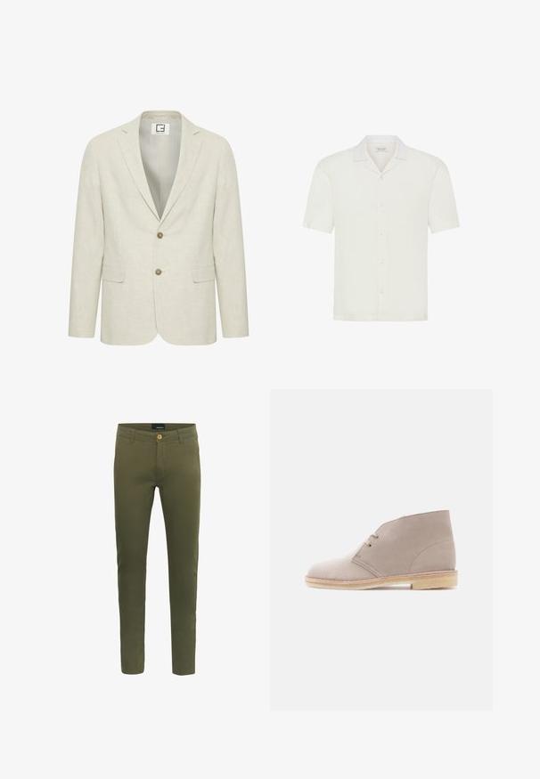 Blazer en lin beige clair avec un revers cranté, fermeture à deux boutons et poches avant. Présente une texture subtile et un intérieur uni.; Chemise blanche à manches courtes avec boutons et col style camp, présentée sur un fond blanc uni.; Pantalons vert olive en mélange de coton doux, avec fermeture à bouton sur le devant, passants de ceinture et coupe slim.; Bottine en cuir suédé beige à deux œillets avec lacets, semelle en crêpe et petit talon empilé, vue de profil sur un fond uni.