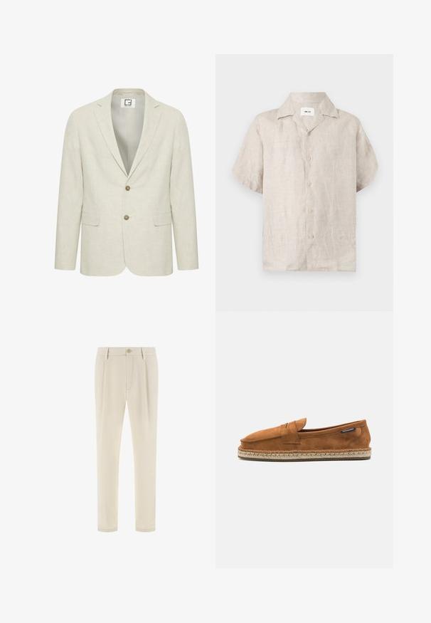 Blazer en lin beige clair avec un revers cranté, fermeture à deux boutons et poches avant. Présente une texture subtile et un intérieur uni.; Chemise en lin beige à manches courtes avec col et boutons devant, avec une étiquette blanche visible à l’intérieur du col indiquant « NN.07 ».; Pantalon beige sur mesure avec passants de ceinture, fermeture à boutons à l'avant et coupe droite.; Chaussure slip-on en suede marron avec un bout arrondi, présentant une semelle en jute tissée et une petite sangle d'accent à l'avant.