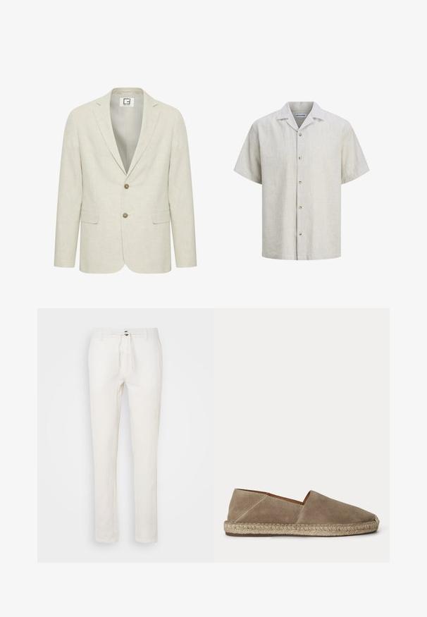 Blazer en lin beige clair avec un revers cranté, fermeture à deux boutons et poches avant. Présente une texture subtile et un intérieur uni.; Chemise pour hommes à manches courtes beige et blanche à fines rayures, avec col camp et cinq boutons sur le devant.; Pantalon en lin blanc avec taille à cordon, coupe droite et texture subtile. Pas de poches ni de motifs visibles.; Chaussure espadrille en daim beige avec semelle en jute tressée et bout fermé arrondi, vue de côté sur un fond uni.